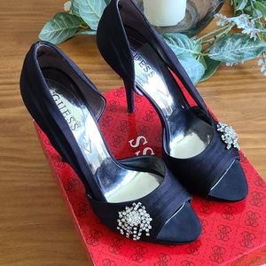 Guess Black Satin heels with Rhinstones